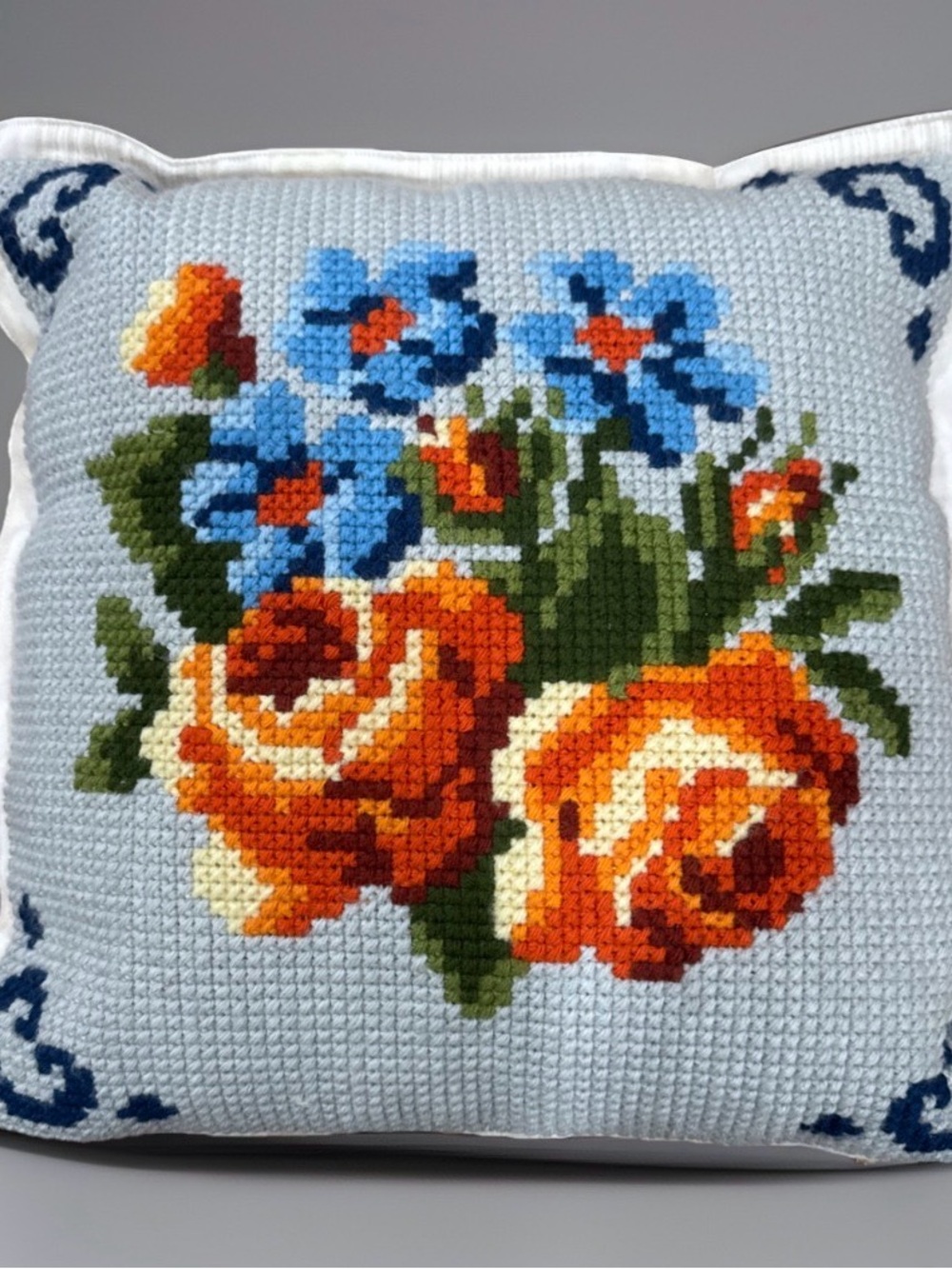 Vintage Handmade Floral Needlepoint Pillow 16x16 Feather Down Insert